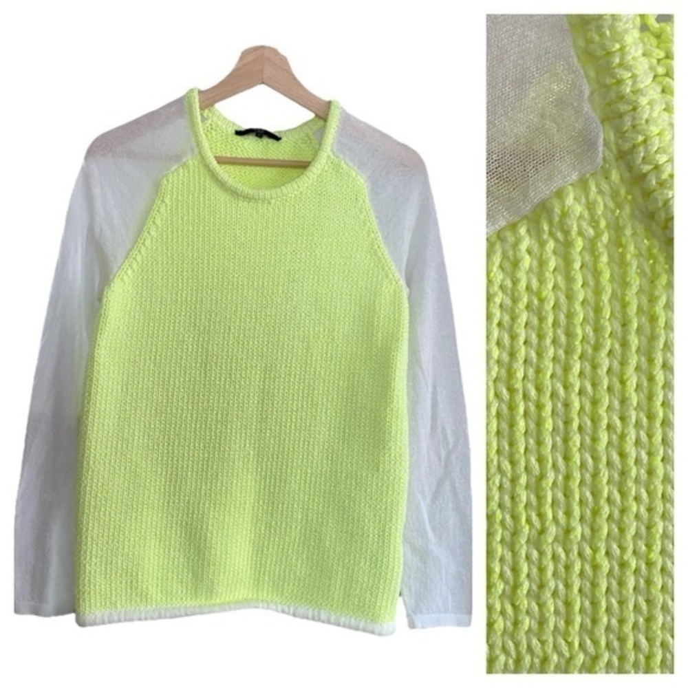 Tibi Neon Yellow White Mesh Sleeve Knitted Sweater Small